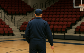 Un uomo con giacca e berretto blu sta in piedi su un campo da basket vuoto, di fronte a file di sedili rossi sulle gradinate, tenendo al fianco una mazza da baseball.