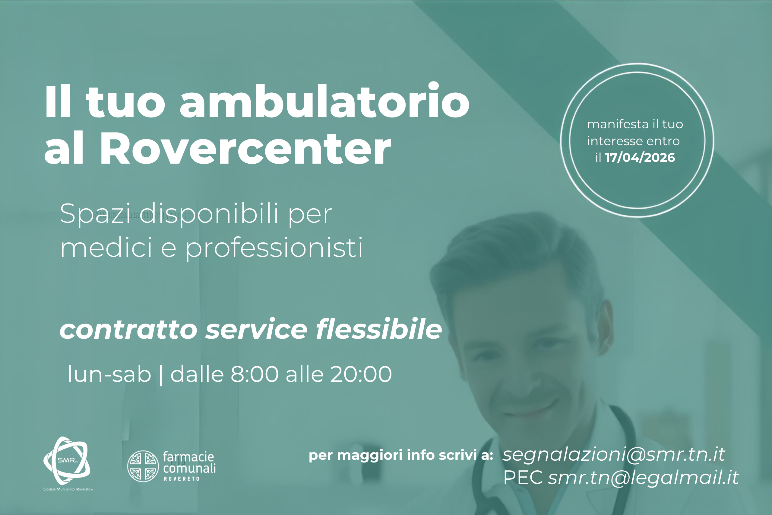 Volantino informativo della clinica Rovercenter che offre contratti di servizio flessibili per i professionisti.
