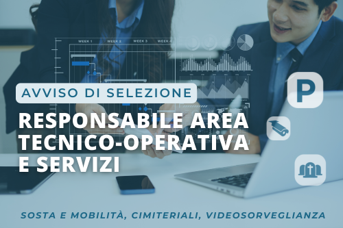 Due professionisti discutono di dati a una scrivania con il testo del bando di assunzione in italiano in sovrimpressione.